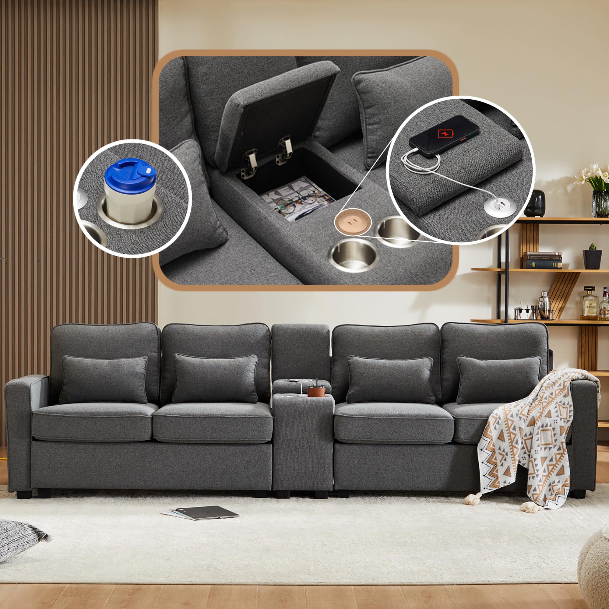 Azkoeesy Moderno sofá de 4 plazas de tela de lino, estilo sencillo, con consola, 2 soportes para bebidas, 2 puertos USB, 4 cojines, adecuado para sala de estar (gris oscuro)