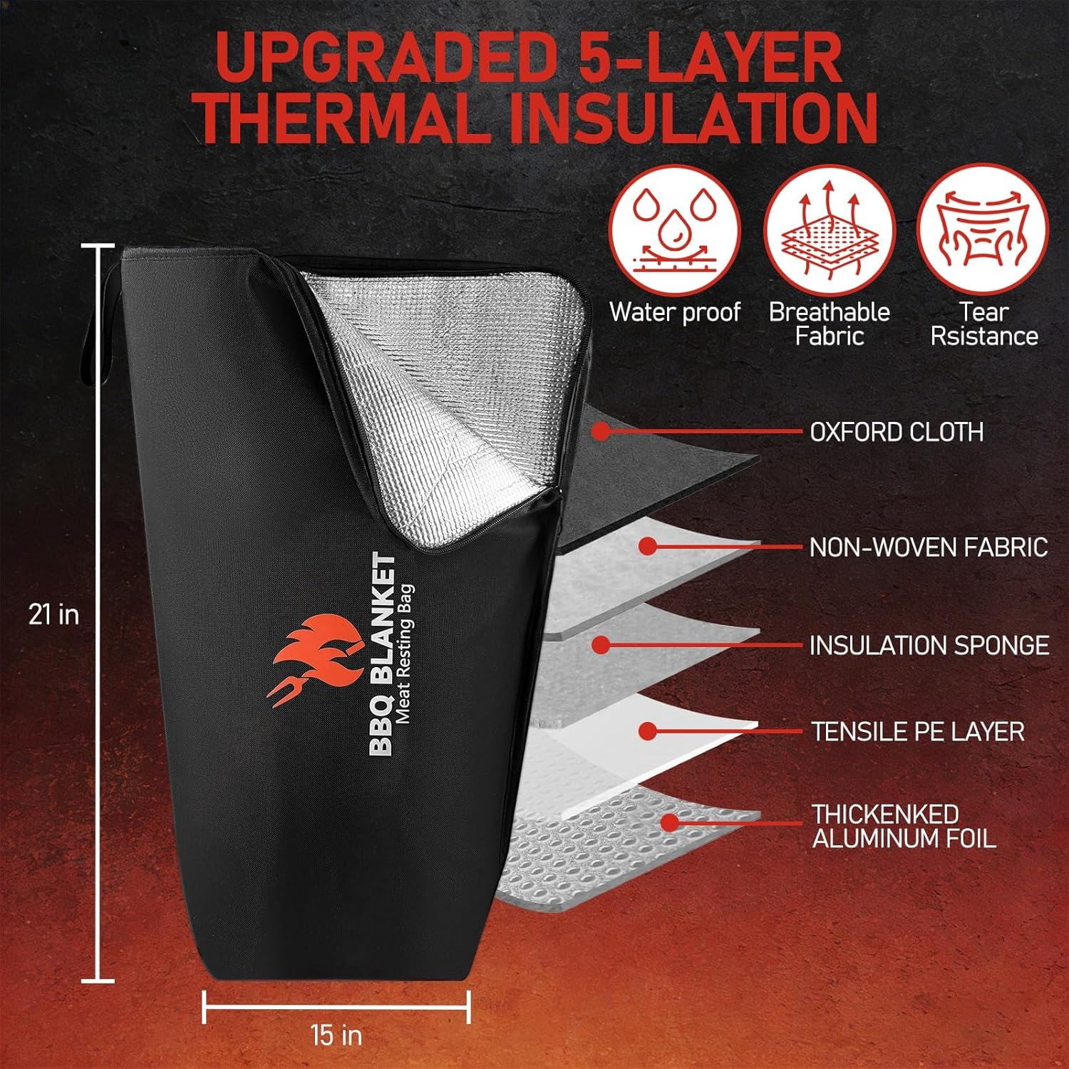 BANGIE BBQ Blanket for Resting Meat, Seamless Leakproof Smoker Bag, Insulated Meat Resting Bag for Large Brisket & Turkey, Grease-Resistant Smoker Accessories Gift for Men Dad Husband, 21in (Black)
