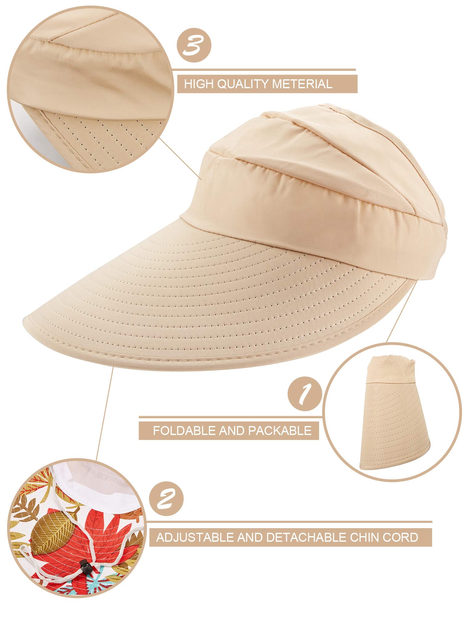 2 sombreros con visera para el sol, gorras de protección UV, sombrero de playa de ala ancha para mujer, multicolor, [Negro, Caqui] 6