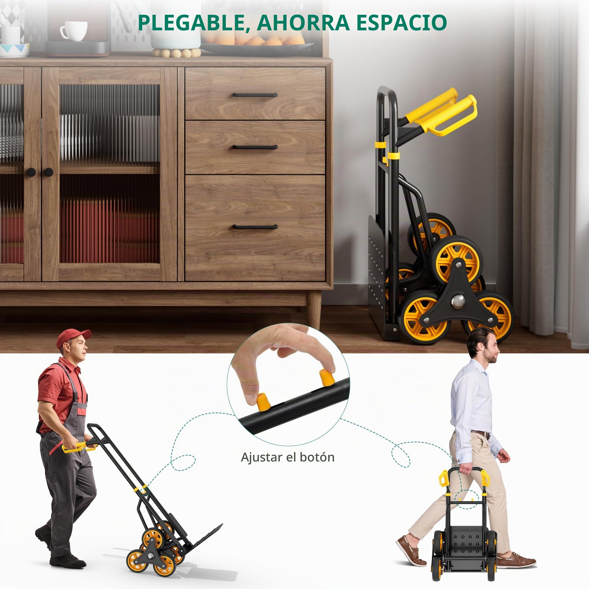 YITAHOME Carro Plegable para Subir escaleras con 6 Ruedas industriales Grandes de φ15,2 cm, Carretilla de Mano de Acero Resistente de Altura Ajustable con Ruedas silenciosas de Alto Agarre, Capacidad