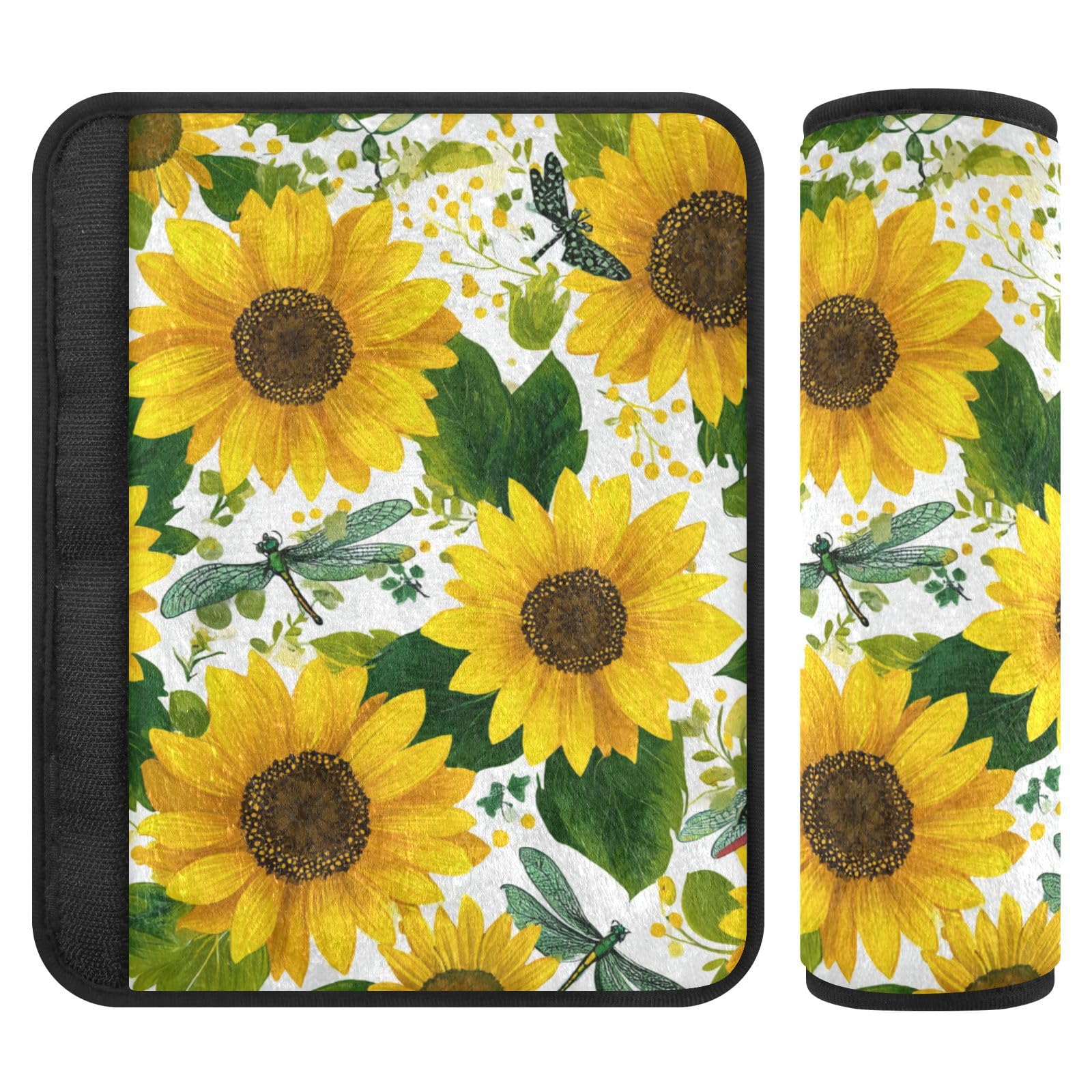 2 Pack Seatbelt Covers Seat Belt Cover Pad for Adults Boys Girls Car Seat Strap Covers Pads Cushion Universal Shoulder Strap Pad Protector for Backpack Camera Bag 6.5 Inch Cute Yellow Sunflowers and D