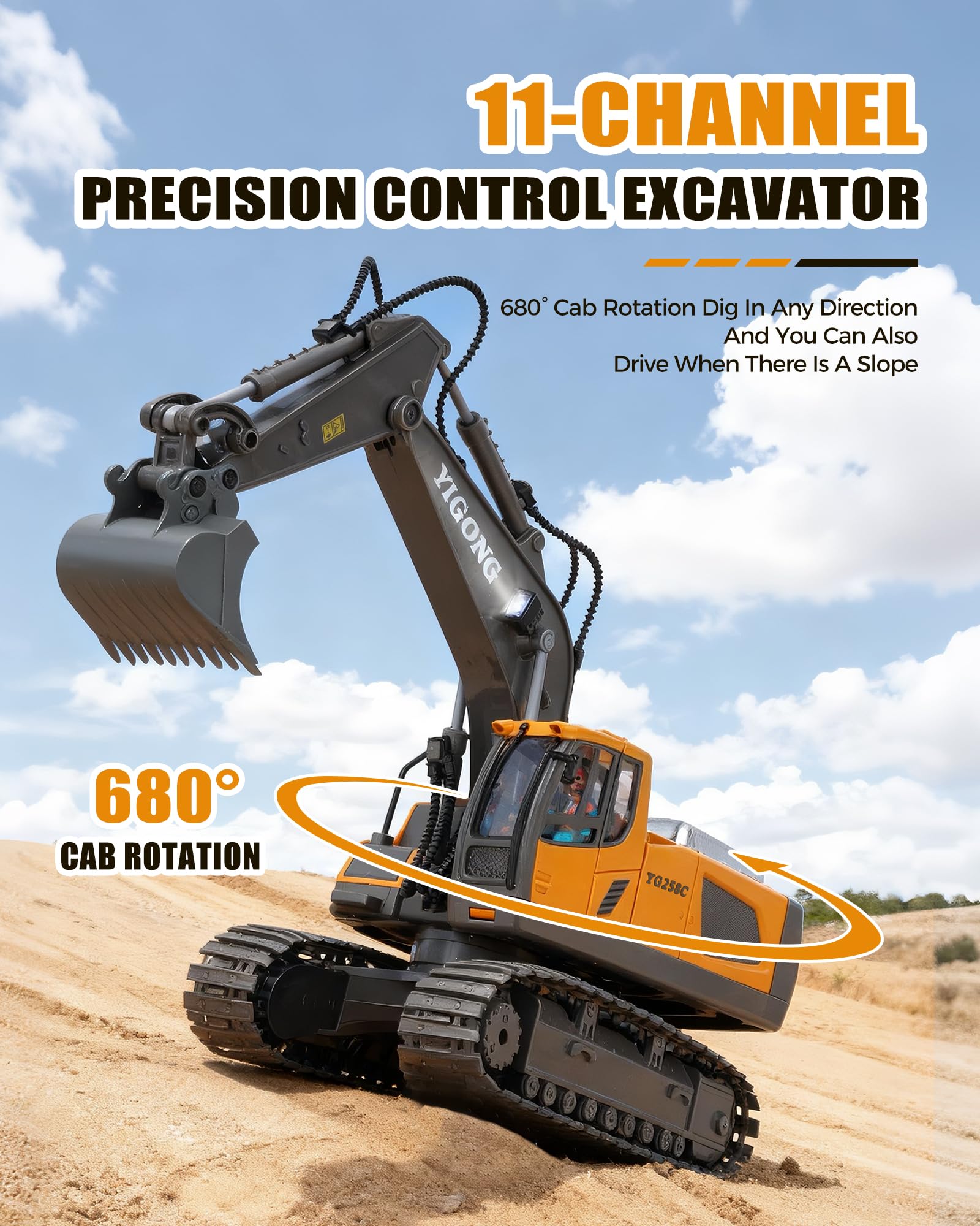 HuiJuKeJi 11-Channel Remote Control Excavator Toy, Rechargeable 2.4 GHz RC Construction Vehicle for Kids, 680° Rotation | Metal Shovel | Lights & Sounds, for Boys Ages 6-12