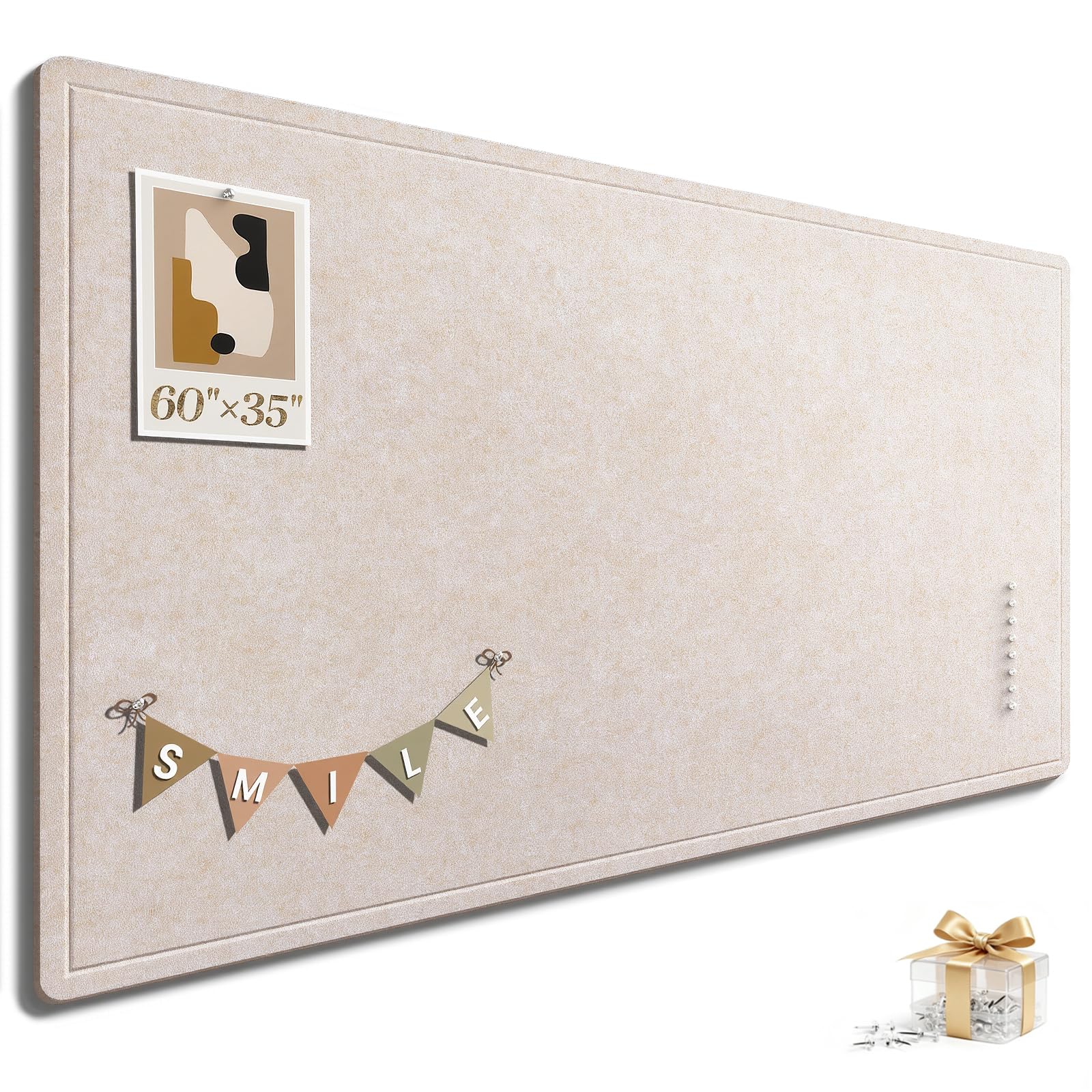 Large Bulletin Board, 60 X 35 Inches Felt Cork Board with 40 Pushpins, Foldable Felt Notice Pin Board Photo Display Board with Self-Adhesive Tape for Office Home School (Oatmeal, 60x35 inch)