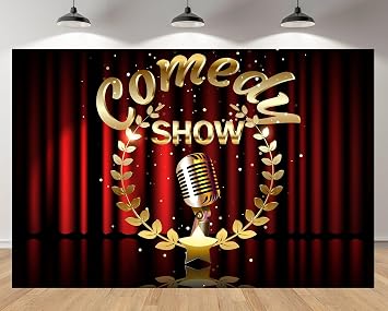 10x6.5ft Comedy Show Backdrop with Retro Microphone Gold Laurel Wreath and Red Curtain Background for Comedy Performance Talk-Show Birthday Party Talent Show Decor Photo Studio Booth Props
