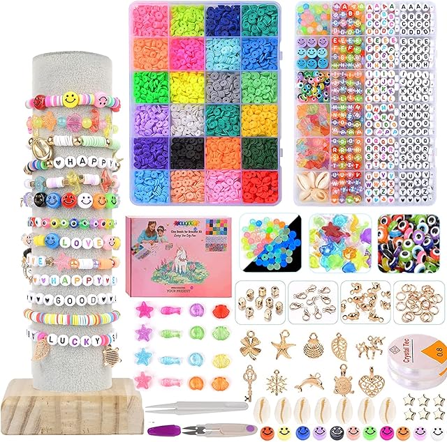 6600pcs Clay Beads for Bracelet Making,Bracelet Making Kit 6mm 24 Colors Flat Round Polymer Clay Spacer Beads with Letter Beads Charms Elastic Strings for Jewelry Making DIY