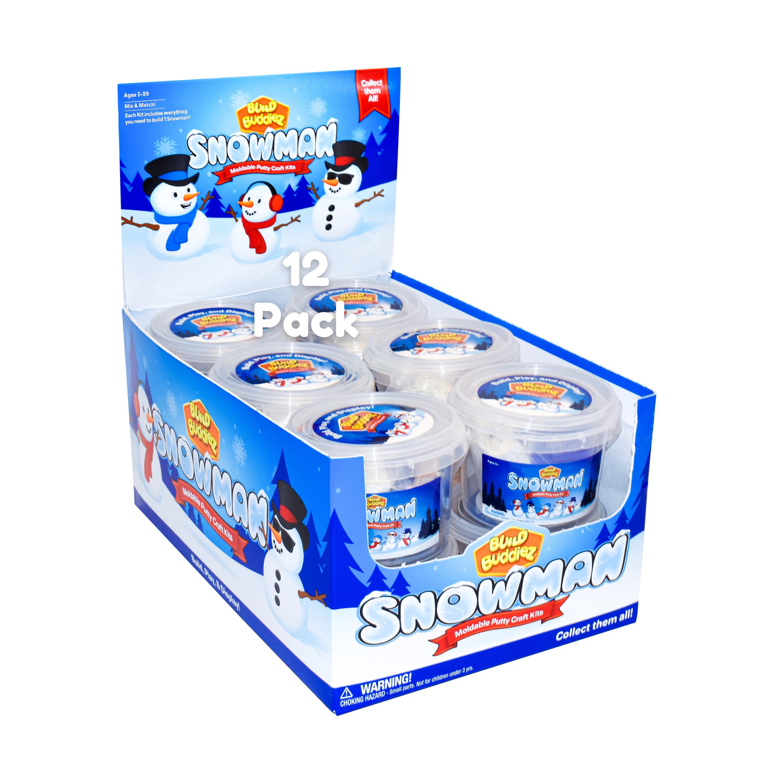 Build Buddiez Schneemann-Bastelset, 12-teiliges Party-Set – Bauen, Spielen und Präsentieren von 12 lufttrocknenden Schneemännern, ideal für Weihnachten, Strumpffüller, Geburtstage und