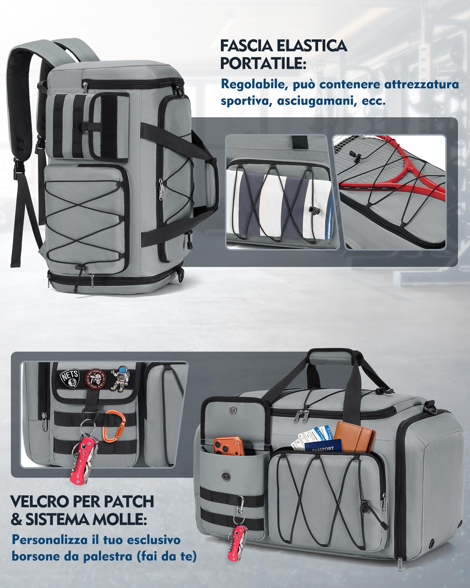 RAINSMORE 45L Borsone Palestra Uomo Donna 3 in 1 Trasformabile in Zaino Borsone da Viaggio con Scomparto Scarpe e Tasca Umida Borsa Sportiva per Fitness Nuoto Yoga Weekend Grigio
