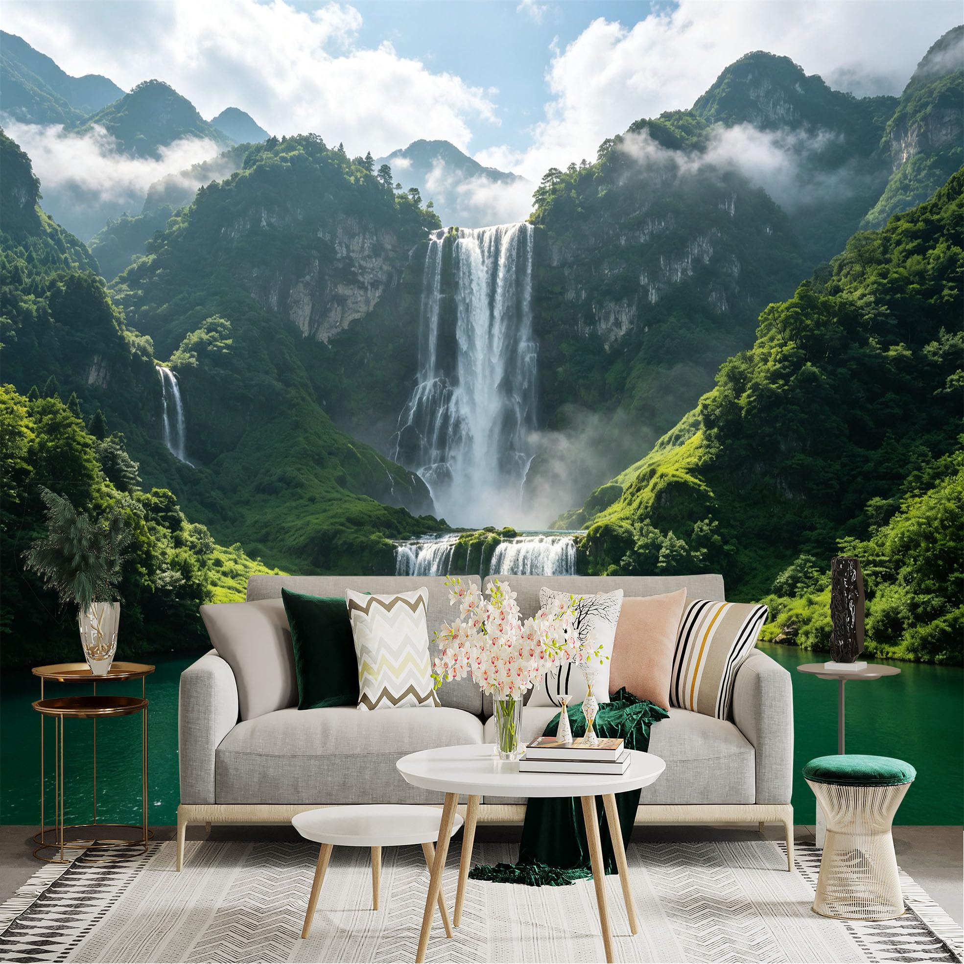 Custom Size Wall Sticker Mural， Majestic Waterfall in Lush Mountain Forest， Serene Blue Lake， Natural Landscape Scenery， for wall Decoration， peelandstick wall Decals.