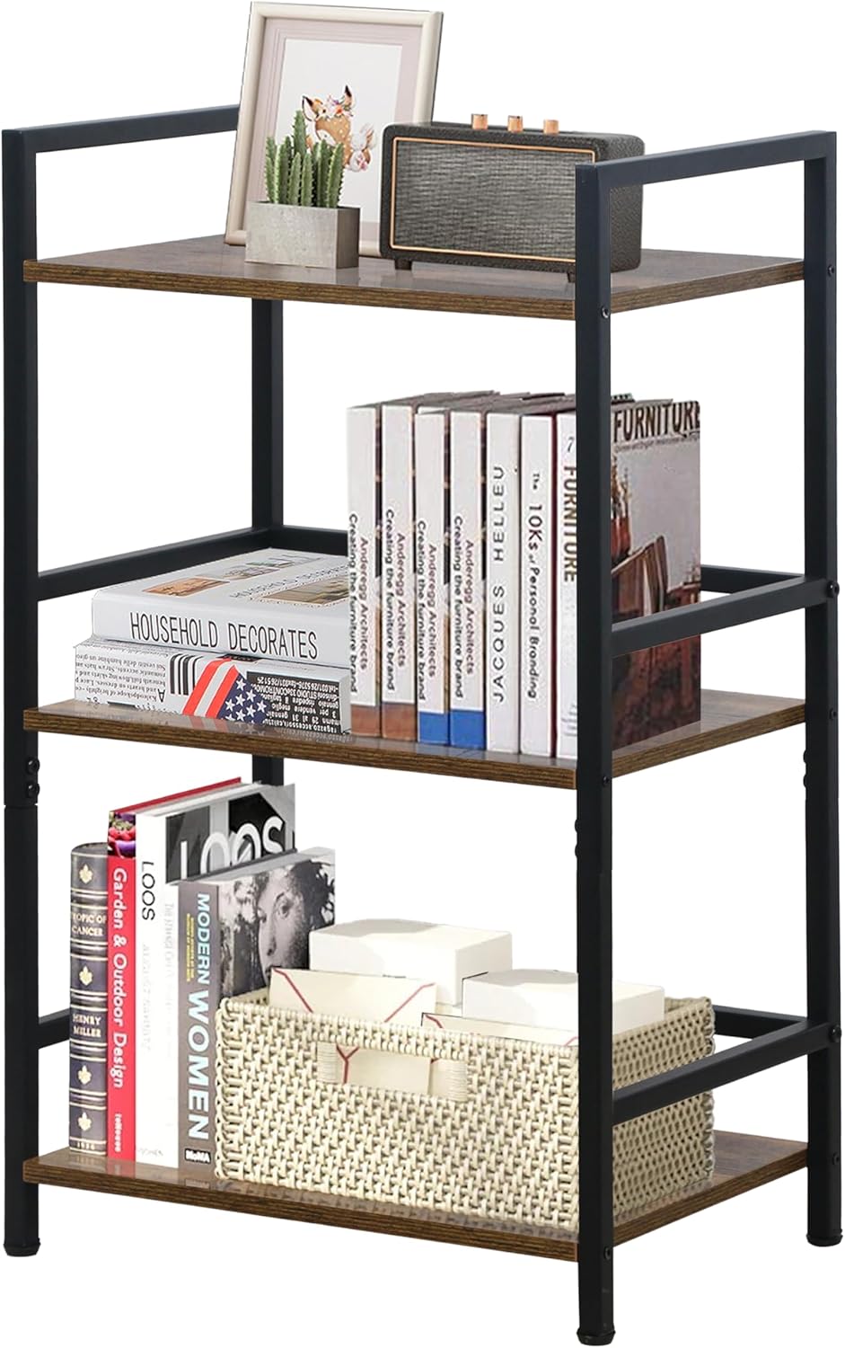 LOFTEY Book Shelf Small Bookshelf, 3 Tier Industrial Short Bookshelf, Metal Open Shelf Bookcase for Living Room, Bedroom, and Office, Rustic Brown