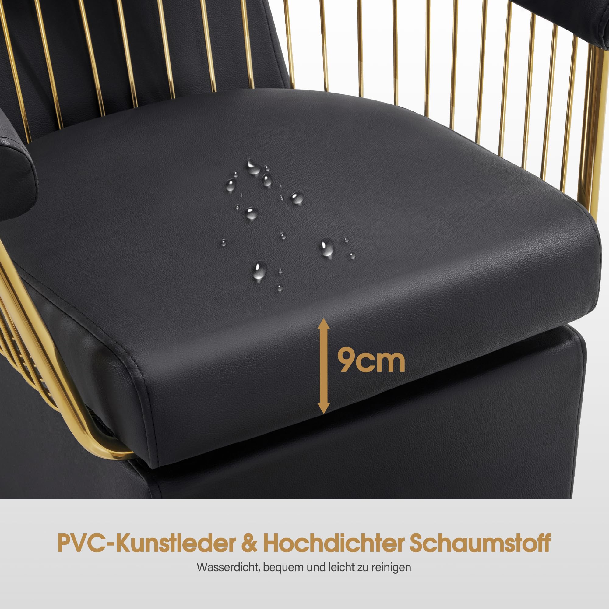 Barberpub Friseurstuhl mit Waschbecken, Friseurwaschbecken aus Keramik Verstellbar, Rückwärtswaschsessel mit Fußhocker, Friseurwaschsessel für SPA Salon, Waschplatz Retro 8037 (Gold-Schwarz/PVC)