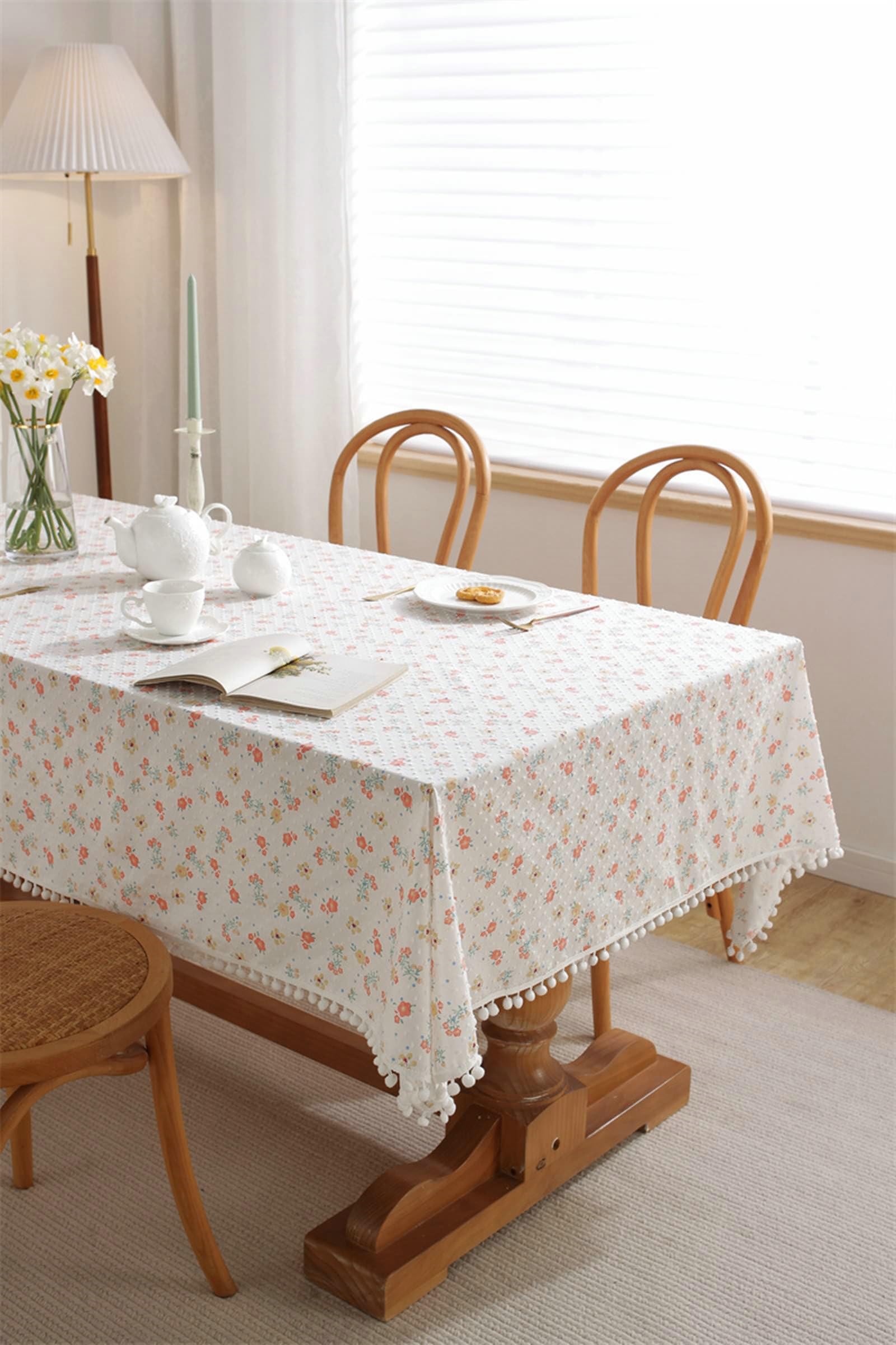 Gualiy Manteles Tela Mesa Rectangular, Algodón Manteles de Mesa de Tela 140x220CM Mantel de Cocina Lavable Flores Estampadas con Bolas Manteles para Mesa de Centro, Rosa