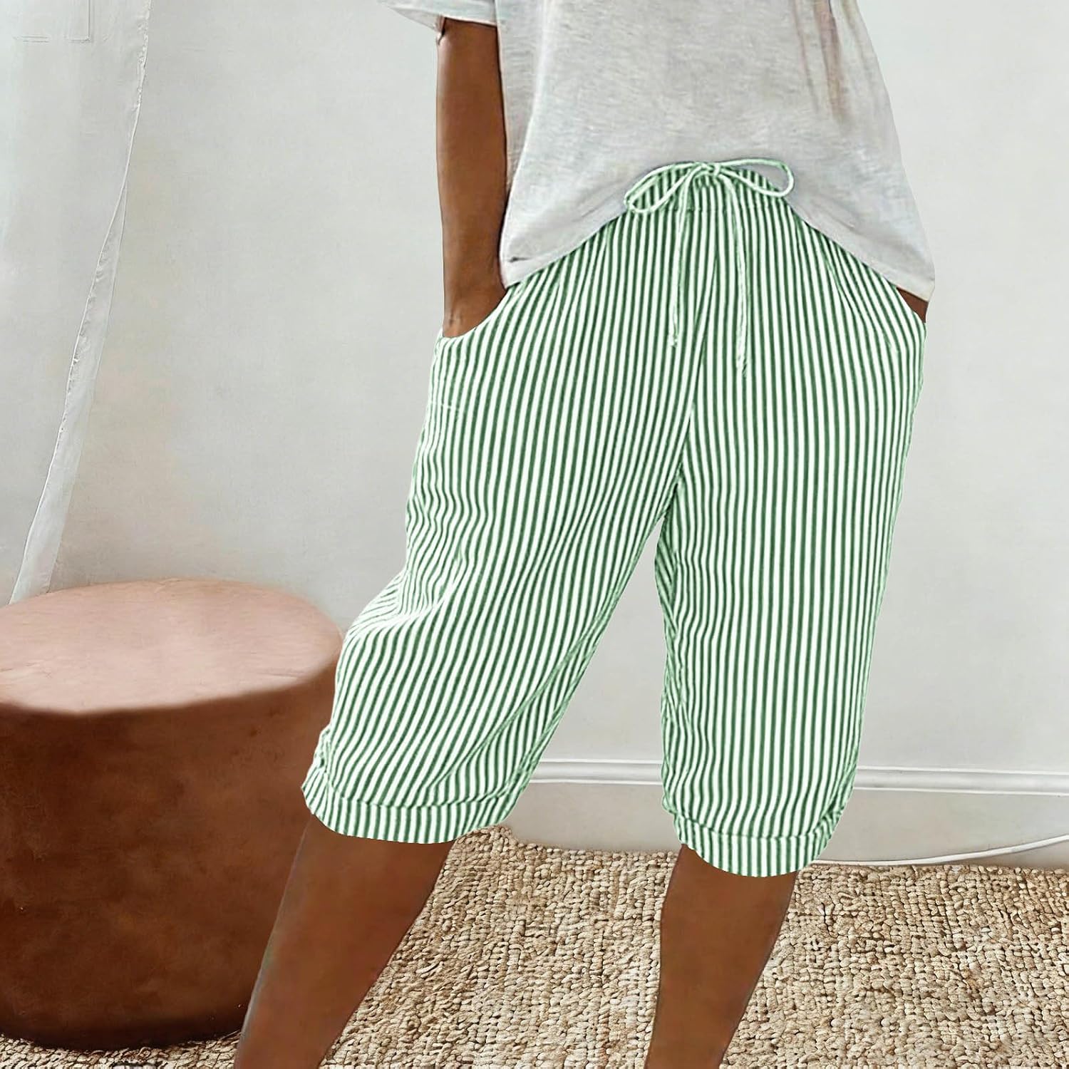 Women Linen Shorts Casual Knee Length Bermuda Shorts with Drawstring Striped Summer Beach Lightweight Loose Pants