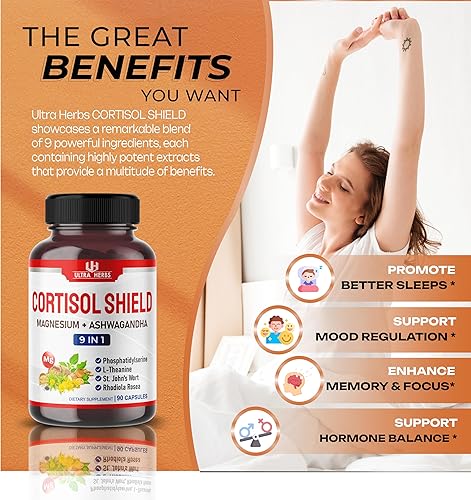 Miniatura 4 de CORTISOL SHIELD 9 en 1  15,250 mg de magnesio + Ashwagandha con fosfatidilserina, L-teanina, hierba de San Juan, Rhodiola Rosea  Apoyo de