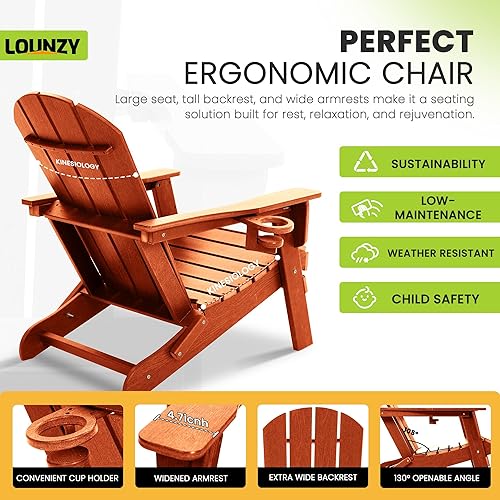 Miniatura 5 de LOUNZY Juego de 2 sillas plegables Adirondack de polietileno de alta densidad para todo tipo de clima, sillas Adirondack plegables con soportes para