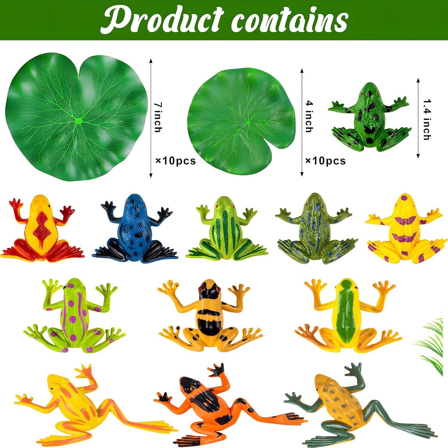 32 Packs Mini Plastic Frog Decor and Artificial Lily Pads,Include 12 Colorful Plastic Frogs and 20 Floating Lily Pads for Ponds， Artificial Pond Plants for Garden Pool Decor Party Favor - view 3
