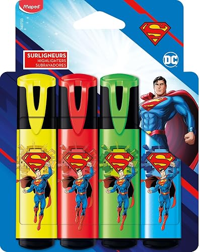 Maped Superman Set of 4 Highlighters with Vibrant Colours, School Markers for Kids and Adults, Beveled Tip for Fluid Writing, School Supplies with Exclusive Design