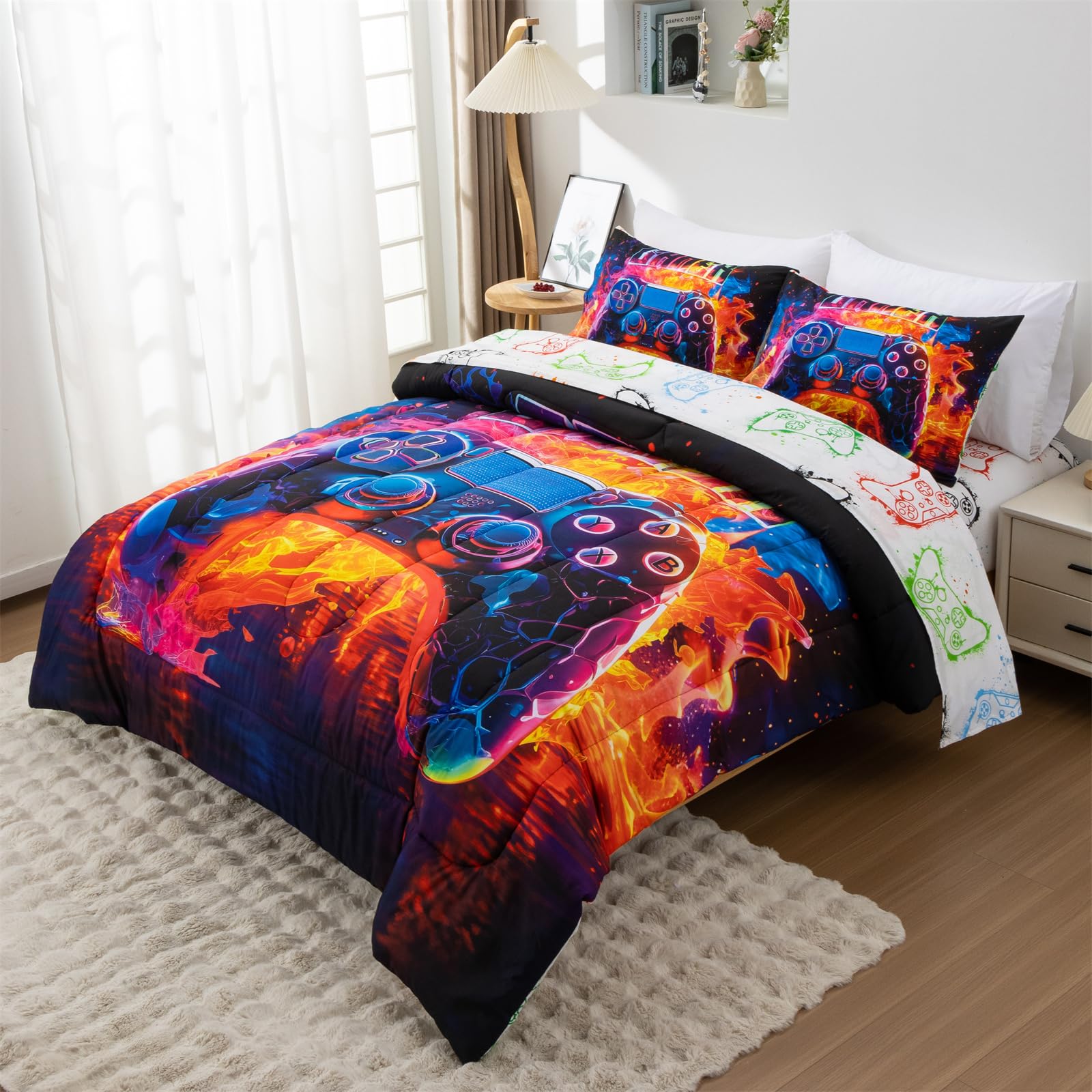 Holawakaka Twin Size Gaming Console Bed in A Bag 5 Pieces for Boys Gamer Comforter Set with Sheets for Kids Teens Flame Video Gamepad Quilt Bedding Sets, (Red Twin)