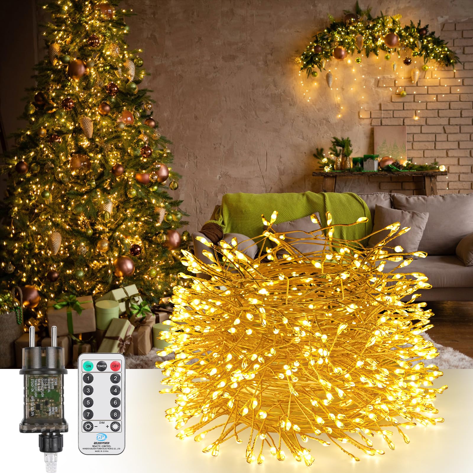 GuKKK Guirnalda Luces LED, 10M 600 LED Cadena de Luces Interior y Exterior, Luces de Alambre de Cobre de Hadas Impermeables Blanco Cálido 8 Modos, para Navidad Boda Jardines Festivales Pared