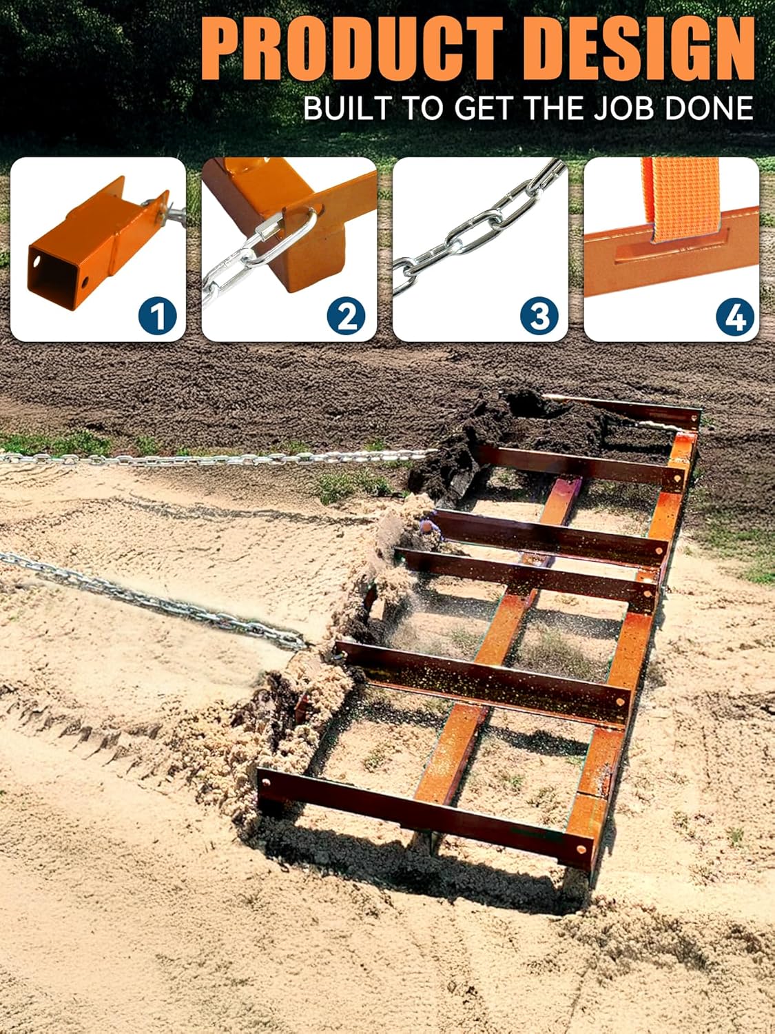 4ft Heavy Duty Drag Harrow for ATV, UTV, Tractor - Adjustable Tow Behind Leveling Rake with Weight Tray for Driveway Grader, Lawn, Field, Pasture, Food Plot Maintenance​, Orange(48 inch)