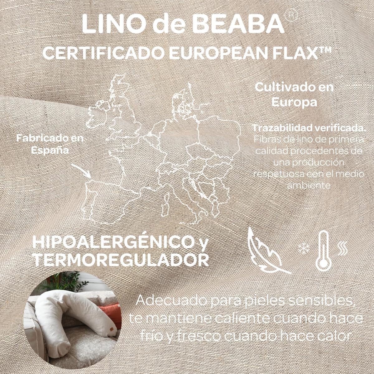 BÉABA, Big Flopsy, Cojin Lactancia, Almohada de Maternidad y Embarazada, Multifuncional, Adecuada para Dormir/Amamantar, Soporte, Hipoalergénica, Confort, Noche Tranquila, Lino, Oekotex, Beige