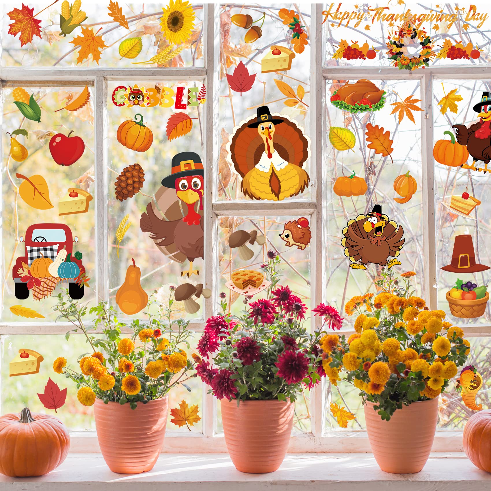 Yovkky 128 Calcoanías Para Ventana De Acción De Gracias, Gnoo De Acción De Gracias, Pavo