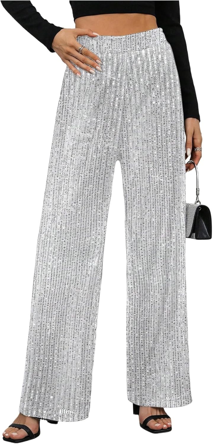 WDIRARA Women's Sequin Sparkle Pants Elastic Waist Wide Leg Party Club Trousers