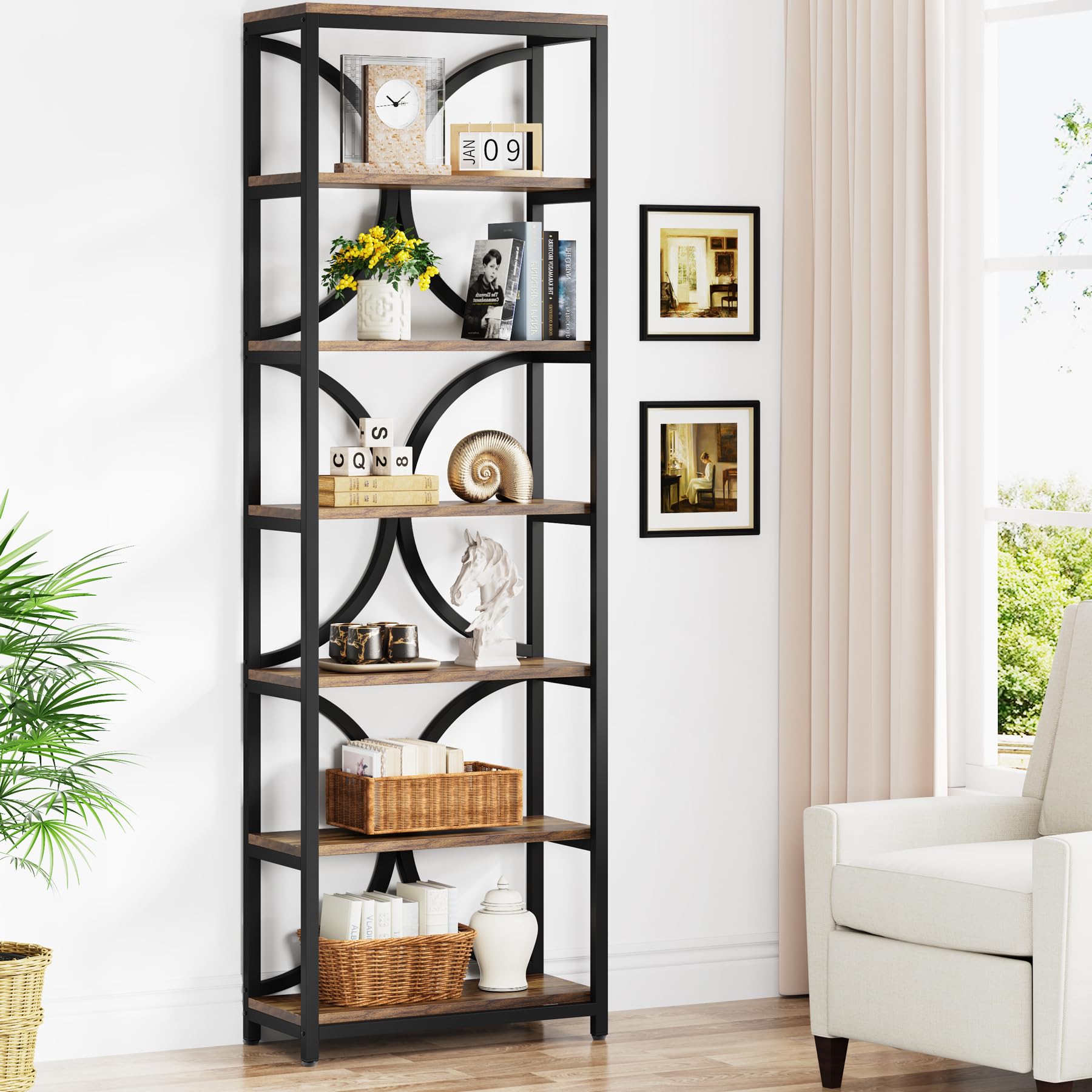 Tribesigns Bücherregal mit 6 Ebenen, 200 cm industrielles Küchenschrank mit Lagerregalen, Aufbewahrungs-Organizer für Wohnzimmer, Schlafzimmer und Home Office, Braun