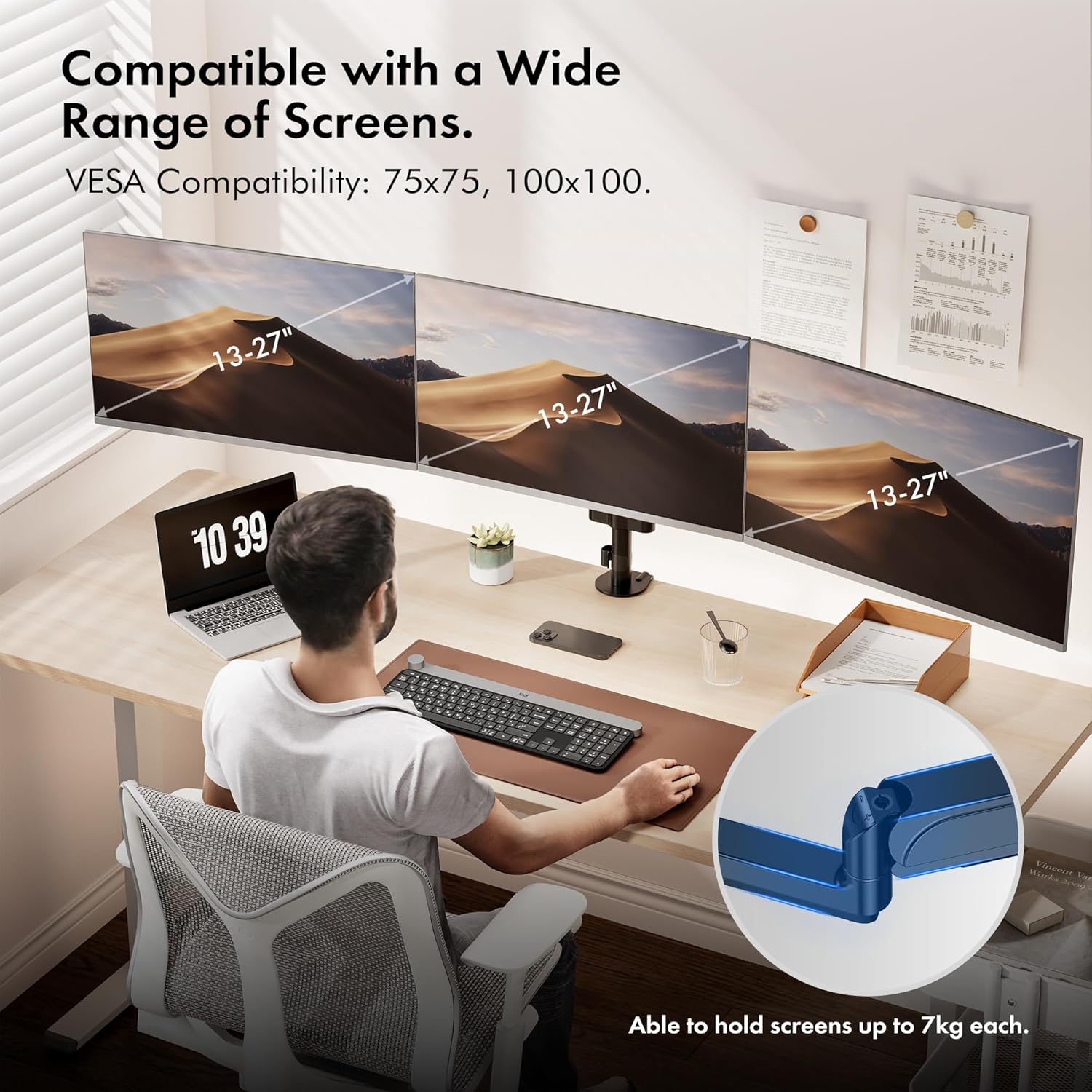 Three monitors mounted on the VonHaus stand, showing compatibility with screens from 13 to 27 inches and VESA 75x75, 100x100.