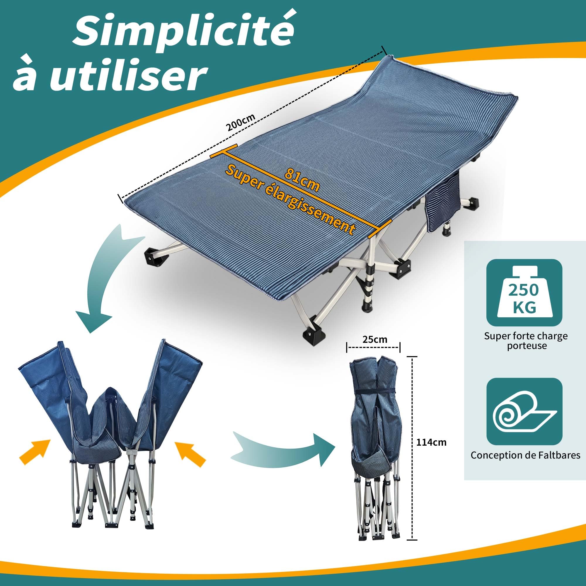 Lit de Camping surdimensionné XXL 81,3 cm de Large avec Matelas Confortable pour Adultes – Lit de Camping Extra Large pour Dormir, Pliable Robuste avec Sac de Transport pour la