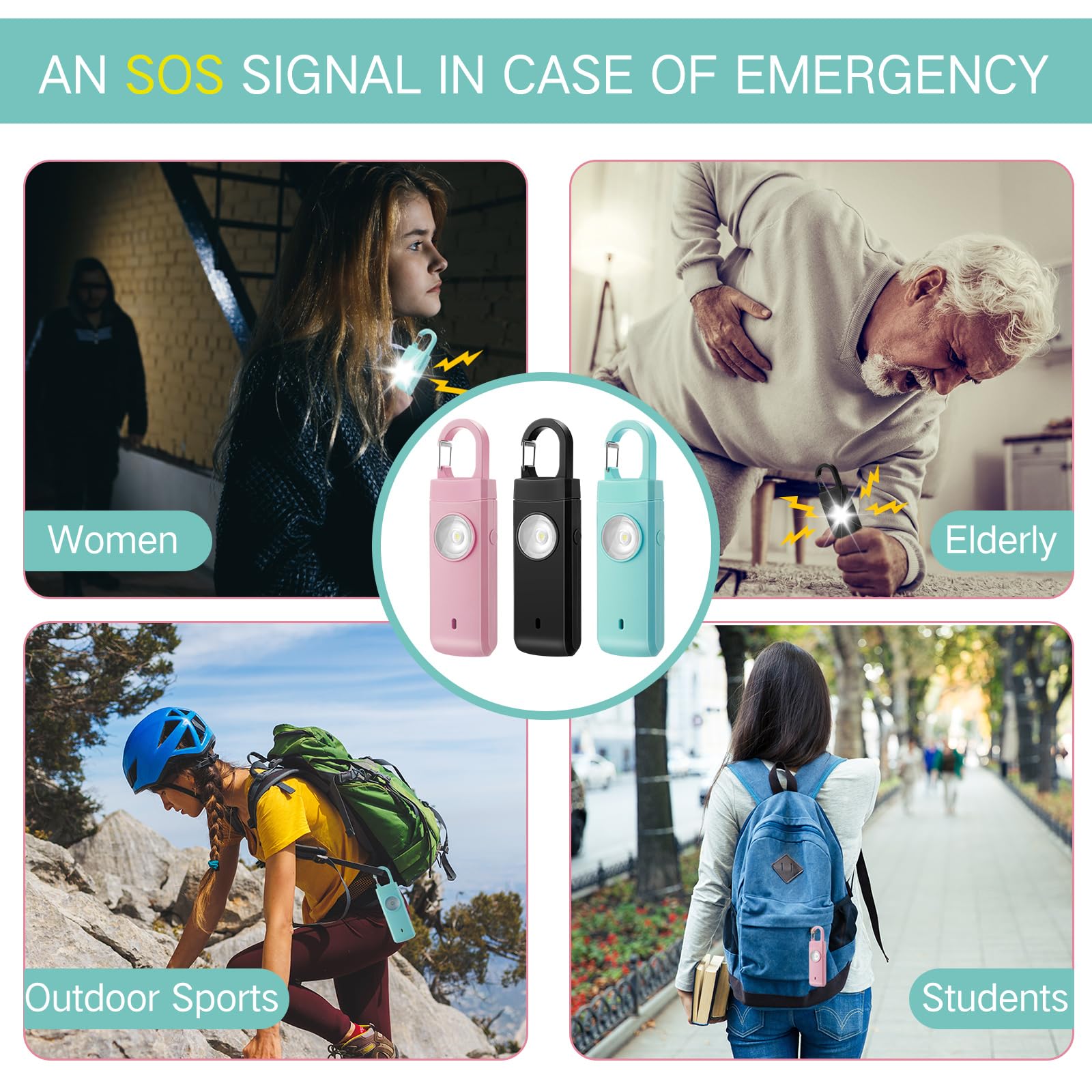 Tellegloww 6 allarmi di sicurezza personale ricaricabili per donne, 130 dB, suono forte, sirena personale con portachiavi a LED per autodifesa per figlia, anziani, anziani, studenti adolescenti (nero