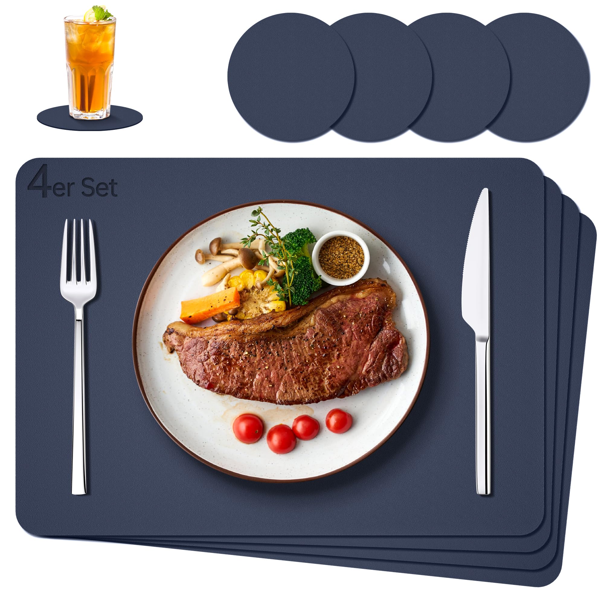 IKWOLETI Tischsets Abwaschbar mit Untersetzer - Platzsets Abwaschbar aus Kunstleder - Doppelseitige Platzdeckchen in Lederoptik - Ideal für Küche und Büro