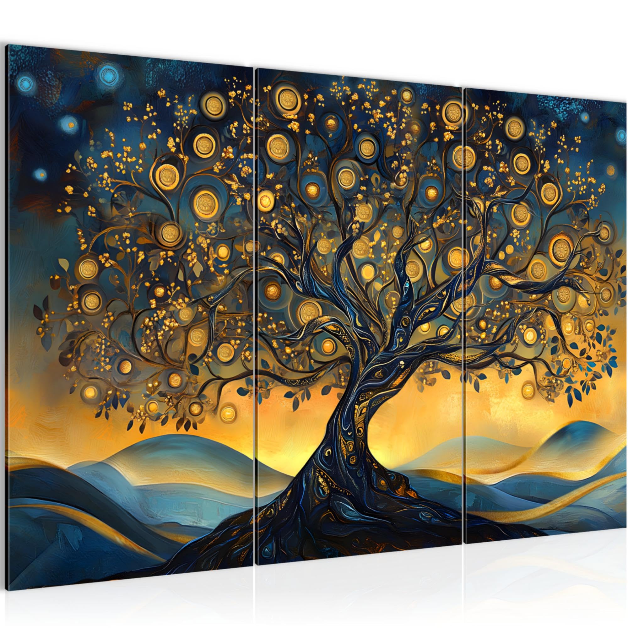 Runa Art Arbre de la vie Peinture Tableau Salon chambre XXL Orange Bleu Abstrait 120 x 80 cm 3 Parties Decoration Murale 054531a