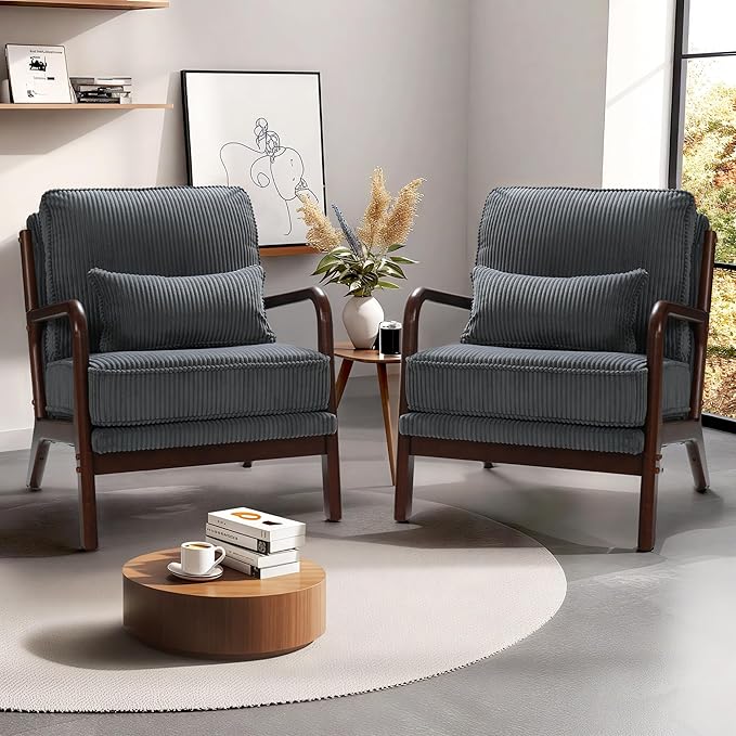 FLEXISPOT AC1 Accent Chairs Set of 2, Upholstered Mid Century Modern Corduroy Armchairs with Solid Wood Frame, Comfy Lounge Reading Chairs Farmhouse Armchairs for Living Room, Bedroom, Balcony (Gray)
