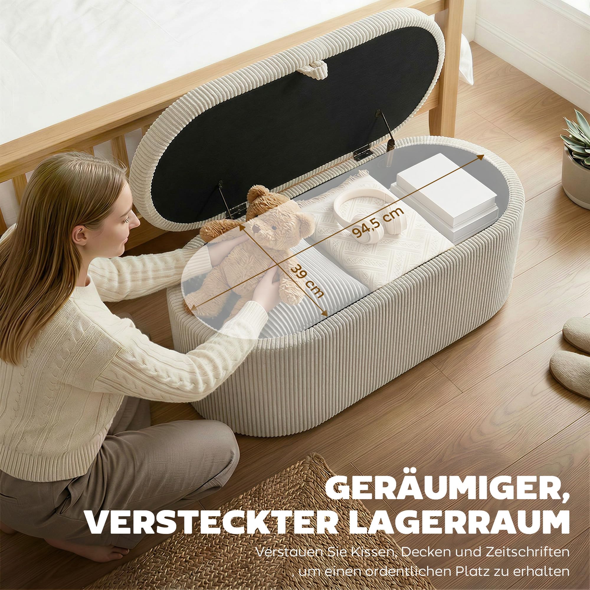 HOMCOM Sitzbank mit Stauraum Polsterbank 105 x 51 x 49 cm mit Holzrahmen, Streifenstruktur, Cord-Optik, Sitztruhe mit Doppelscharniere Bank bis 200 kg für Wohnzimmer, Schlafzimmer, Flur, Beige