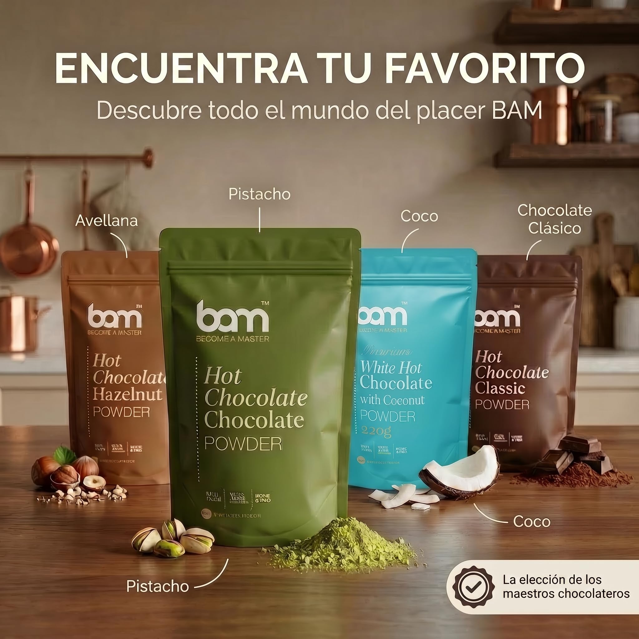 BAM Chocolate Blanco a la Taza con Avellanas, 220 g – Chocolate Caliente en Polvo – Preparado para Bebida Suave y Cremosa con Cuchara Medidora