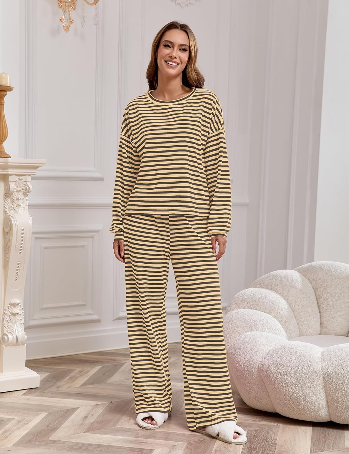 Ythomm Striped Pajamas Womens 2 Piece Sets Long Sleeve Tee Shirts Drawstring Wide Leg Pants Matching Sets Fall Lounge Outfits - Image 2