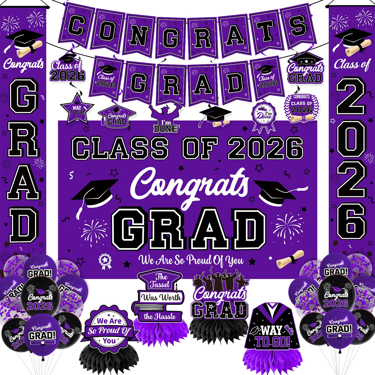 Graduation Decorations 2026 Purple Graduation Party Decor Set include Congrats Grad Banner Backdrop Class of 2026 Balloons Party Supplies
