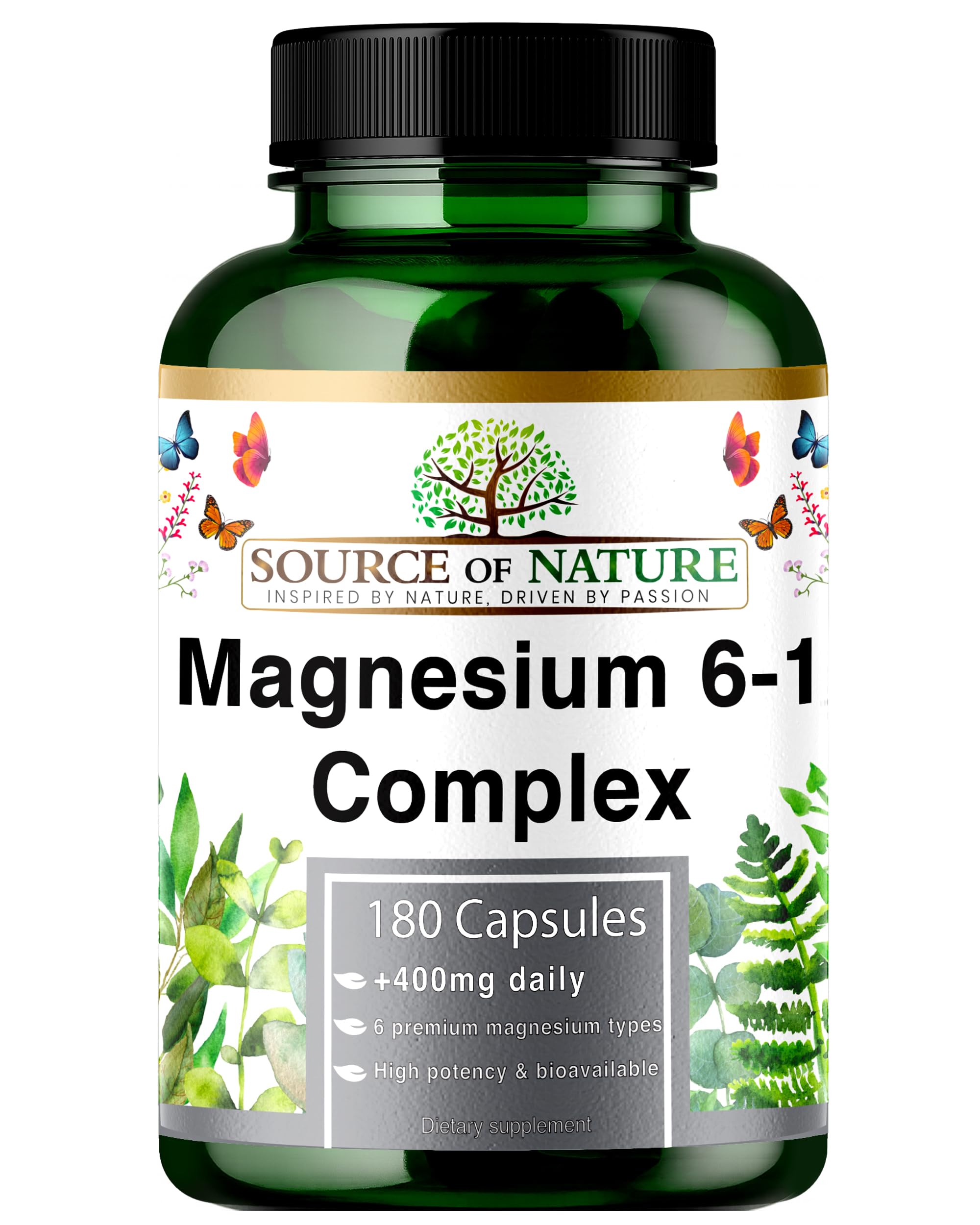 Magnesium 6-1 Complex 1500 mg Daily | 400 mg Elemental Magnesium | Oxide, Bisglycinate, Malate, Taurate, Citrate & Aspartate | 180 Vegan Capsules | High Strength & Bioavailable