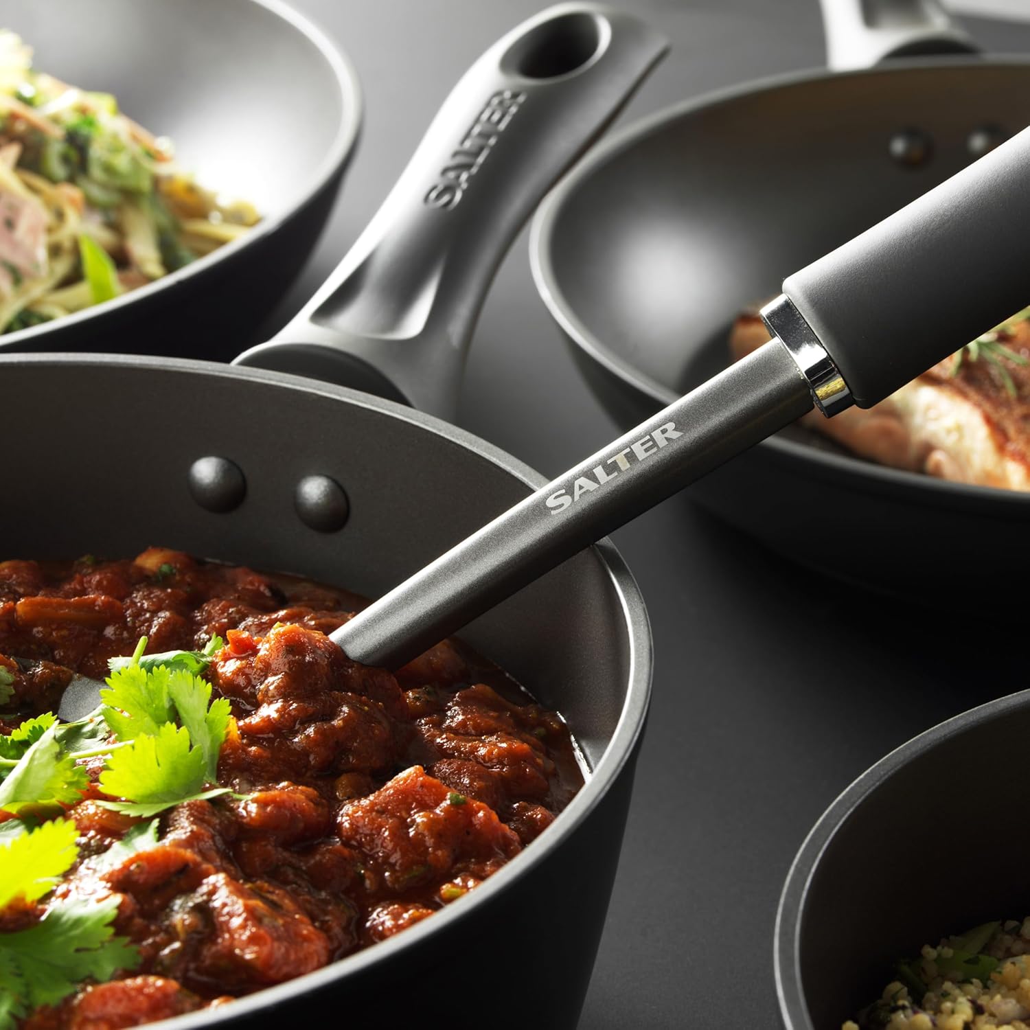 Salter BW11066EU7 Solid Spoon, Multifunctional Non Stick Utensil, Serving and Stirring Spoon, Soft Touch Handles, Stainless Steel, Matte Grey