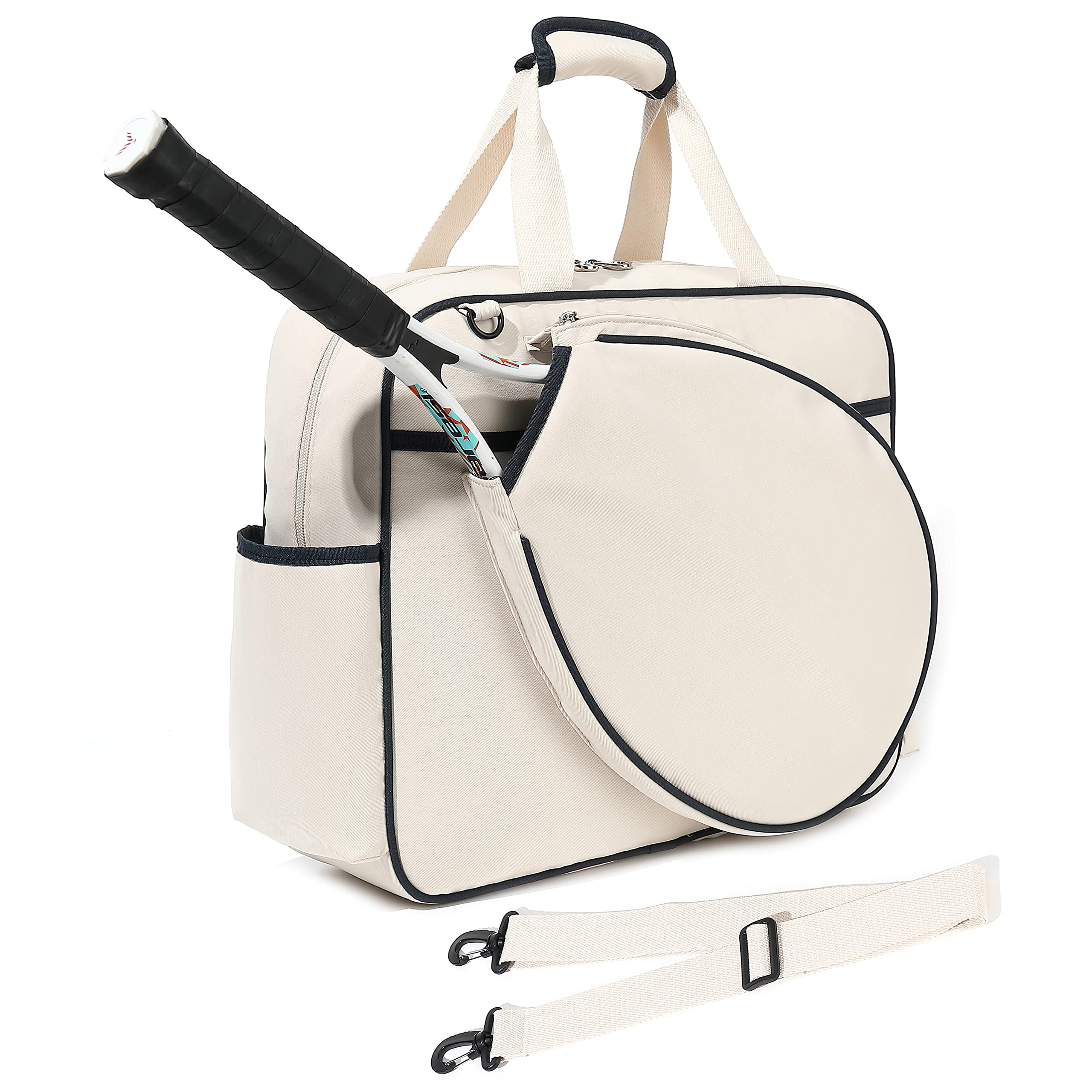Rejolly Tennis Shoulder Bag Large Water Resistant Tote Handbag for Tennis Racket, Pickleball Paddles, Badminton Racquet (Beige)