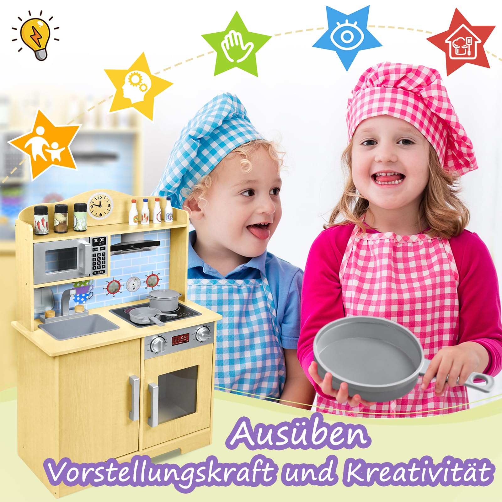 YRHome Drewniana kuchnia do zabawy, akcesoria kuchenne dla dzieci, kuchnia drewniana, kuchnia dla lalek, kuchnia zabawkowa, zabawka edukacyjna, prezent dla dzieci od 3 lat, 56 x 28,5 x 92 cm