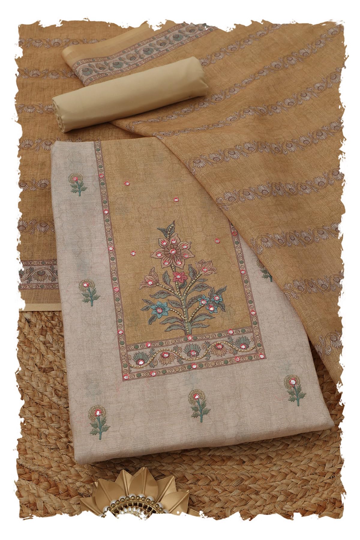 soch Womens Beige Linen Floral Dress Material With Faux Mirror-picture-41