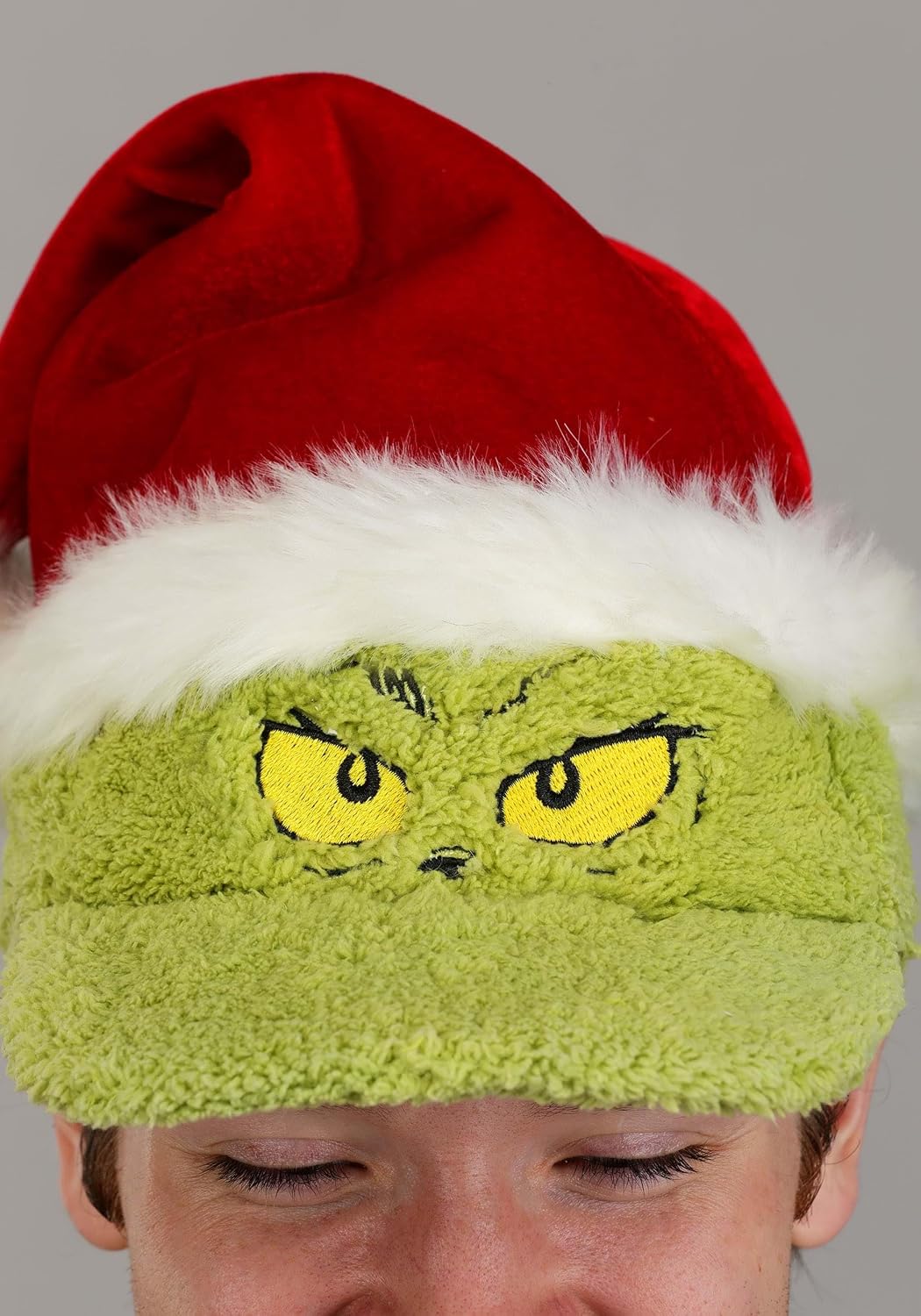 Adult Dr. Seuss Grinch Santa Fuzzy Cap Plush Green Hat with Embroidered Face and Faux Fur Pom