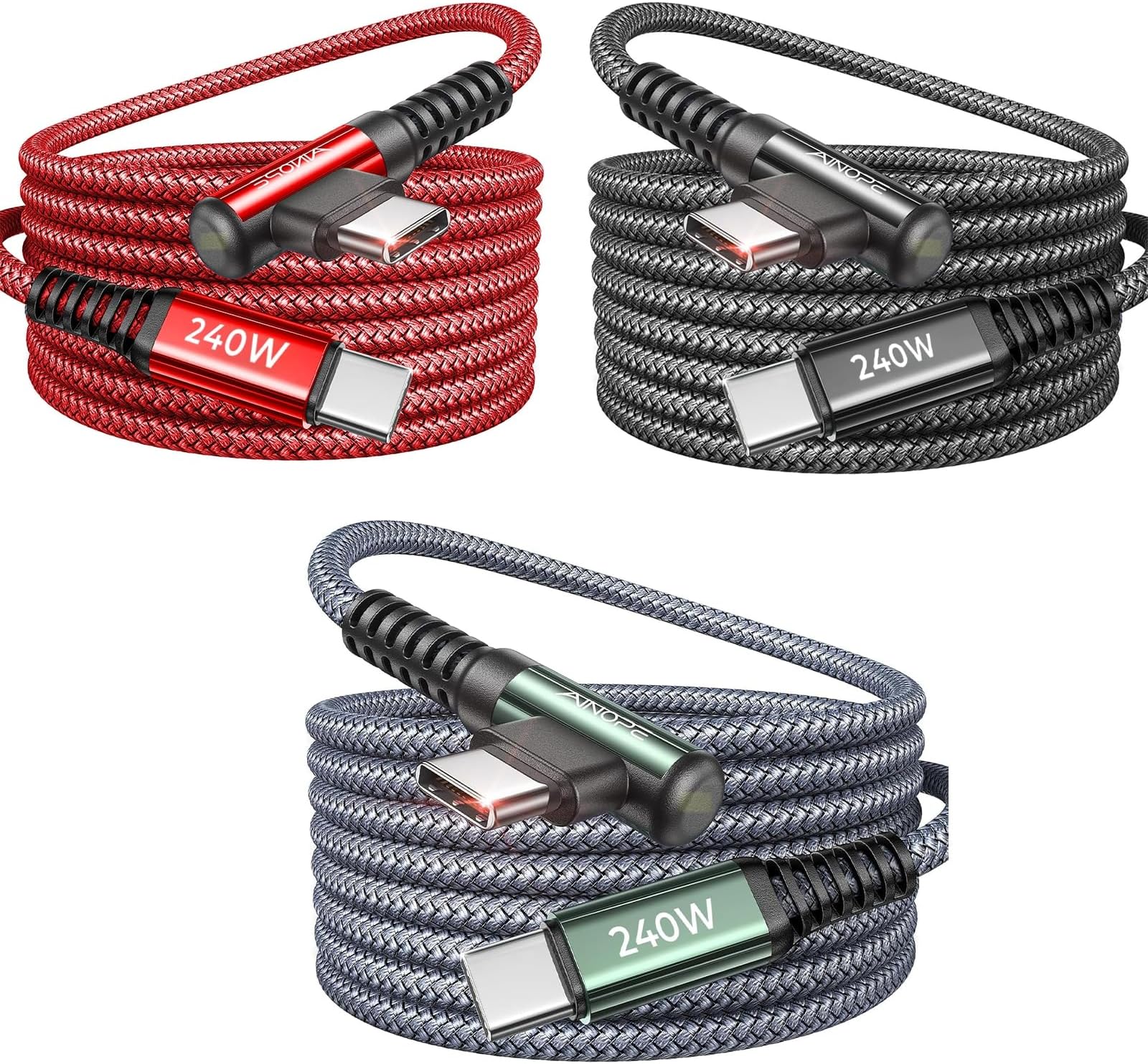 240W USB C to USB C Cable Fast Charging 3FT,Right Angle Fast Type C Charging Cable Fits iPhone 16 Pro Max Plus,iPhone 15,MacBook Air/Pro,iPad Pro,Samsung,Pixel,All Devices,Black,Grey,Red