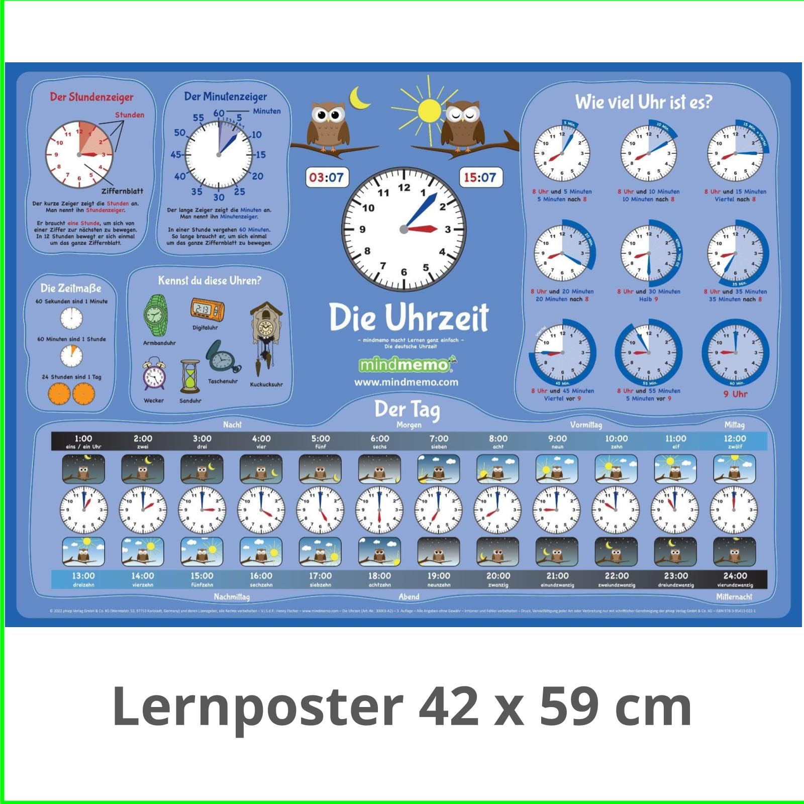 mindmemo Poster - Die Uhrzeit - Wie viel Uhr ist es? - Learning the German Time - DinA2 PremiumEdition