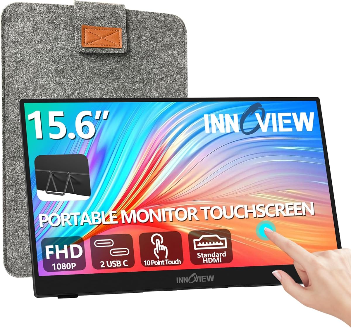 InnoView Portable Monitor Touchscreen 15.6" 1080P 10-Point Touch Screen Monitor Portable with Protective Sleeve Built-in Stand, 1200:1 HDMI USB C Travel Monitors for Laptop, PC, Mac, Phone, Switch