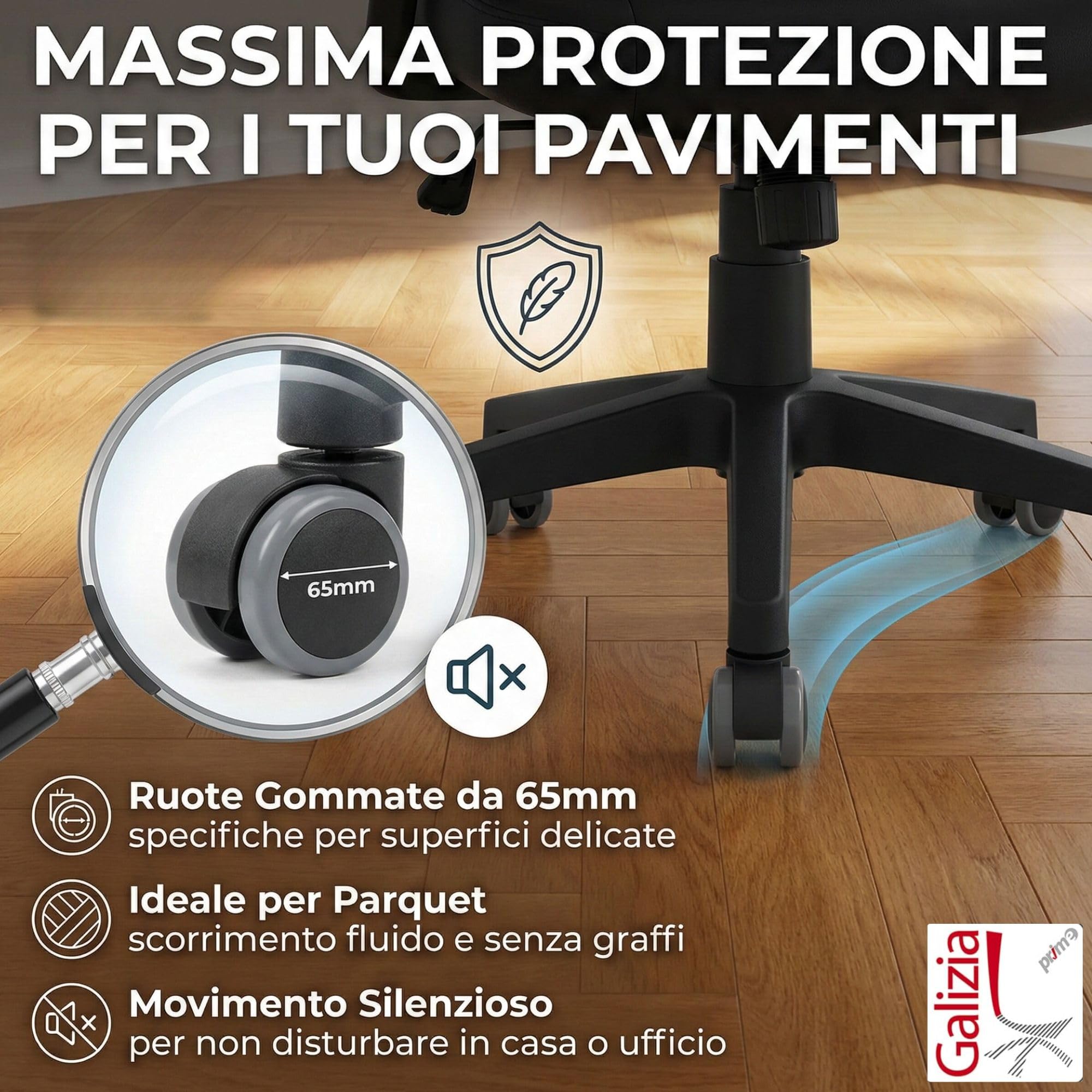 GALIZIA PRIME - Sedia Ufficio Ergonomica Made in Italy Certificata, Poltrona Ufficio con Supporto Lombare, Poggiatesta e Braccioli Regolabili, Realizzata in Rete Traspirante Ignifuga con Ruote Parquet