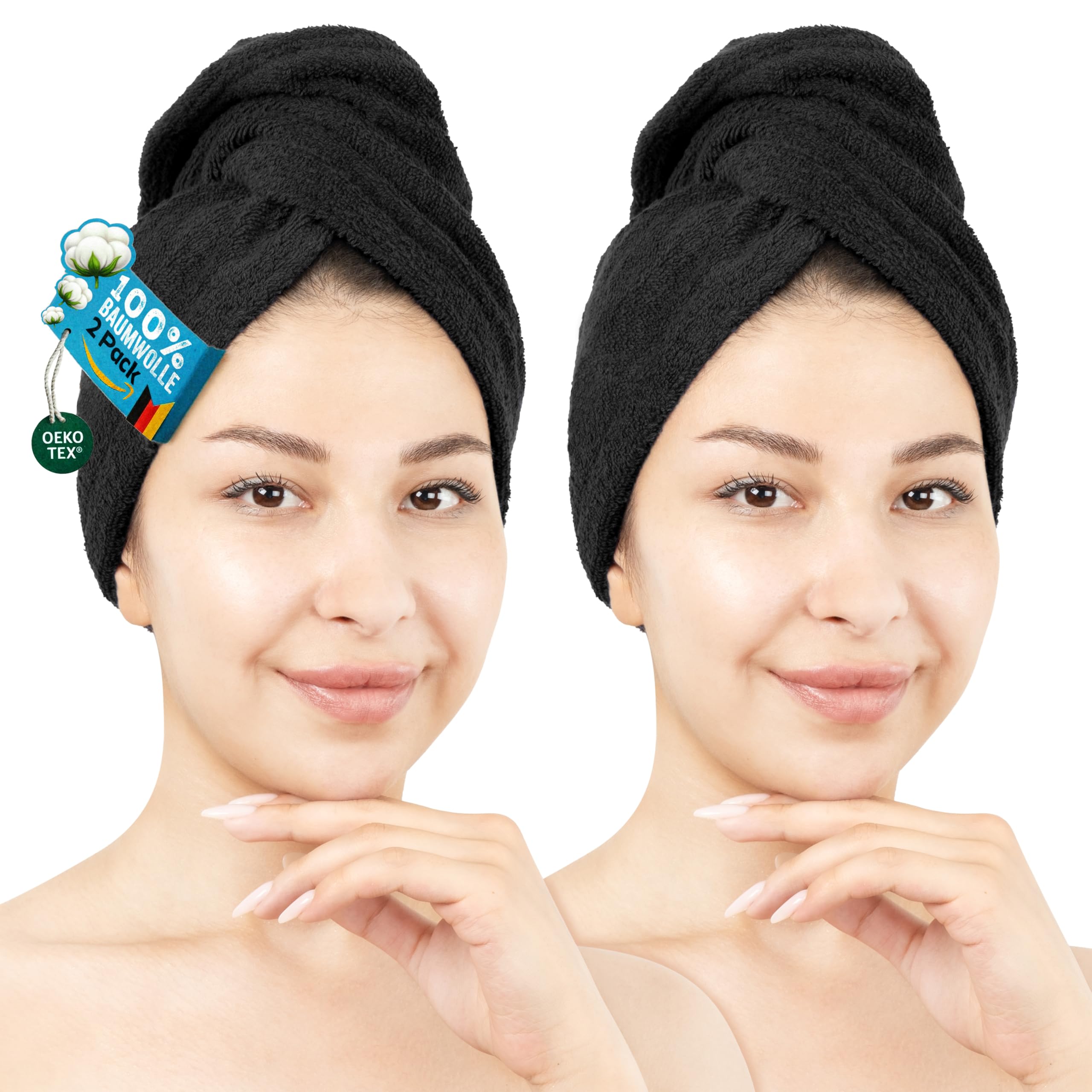 Hammetex Haartuch Damen 2er Set – Haarhandtuch aus 100% Baumwolle – Oeko-TEX Zertifiziert – Weich, Saugstark – Haarturban mit Knopf, Schwarz