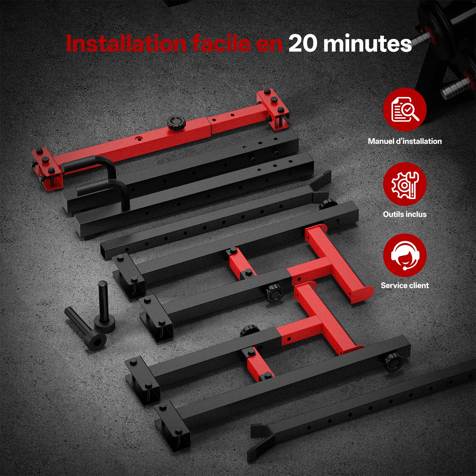 PASYOU Cages de squat,Multi-Fonction Supports de Squat Réglable, Squat Rack Musculation Avec Push up,Fitness Multifonction, Robuste, Noir&Rouge | Support de squat robuste réglable en hauteur, convient pour les squats, développé couché, musculation, 544,3