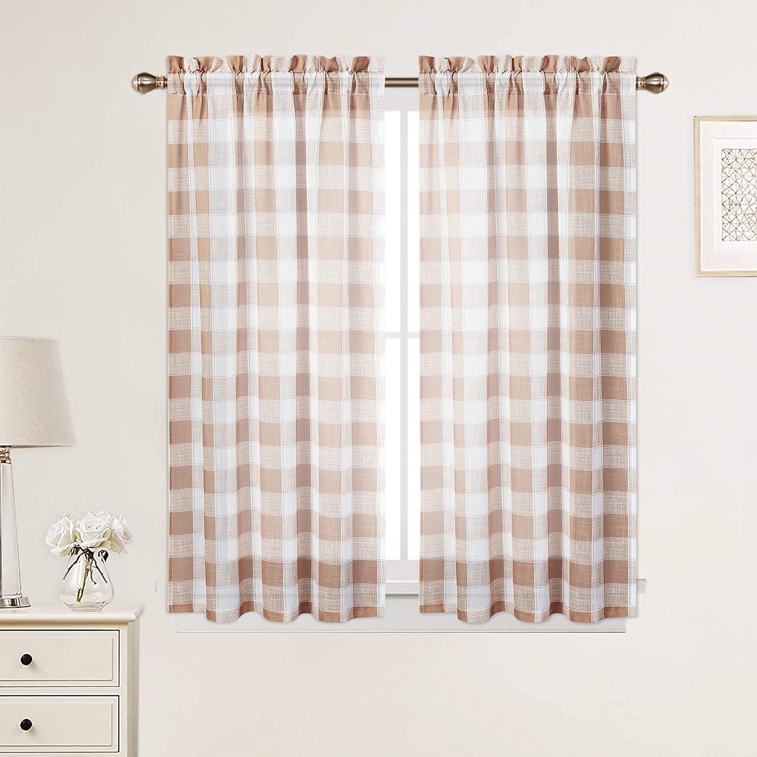 CAROMIO Cafe Kitchen Curtains, Buffalo Plaid Curtain Tiers, Farmhouse Kitchen Window Drapes, Semi-Sheer Kitchen Bathroom Window Shades, 26" W x 45" L, Taupe and White, 2 Panels
